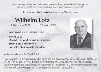 Traueranzeige von Wilhelm Lotz von FZ