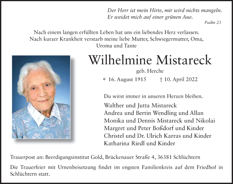  Traueranzeige für Wilhelmine Mistareck vom 20.04.2022 aus FZ