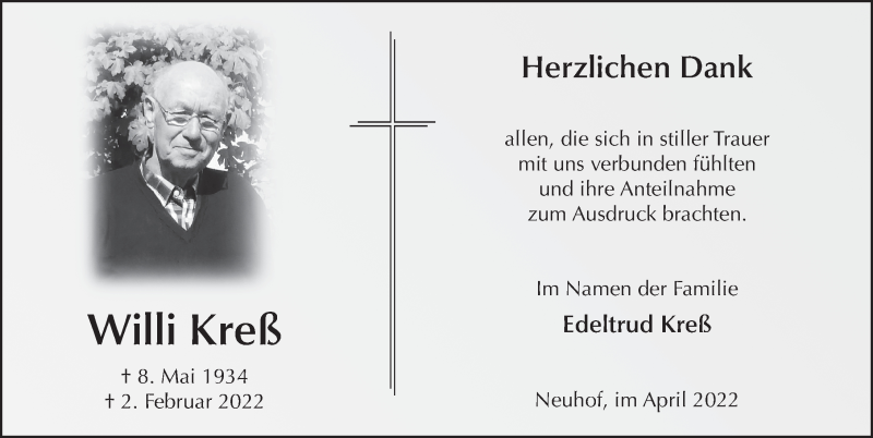  Traueranzeige für Willi Kreß vom 01.04.2022 aus FZ