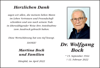 Traueranzeige von Wolfgang Bock von FZ