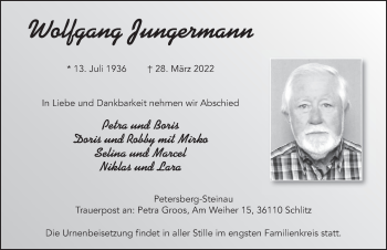 Traueranzeige von Wolfgang Jungermann von FZ