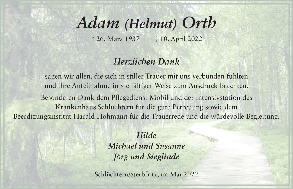  Traueranzeige für Adam Orth vom 21.05.2022 aus FZ