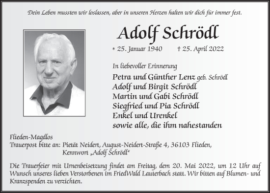 Traueranzeige von Adolf Schrödl von FZ