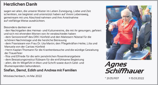 Traueranzeige von Agnes Schiffhauer von FZ