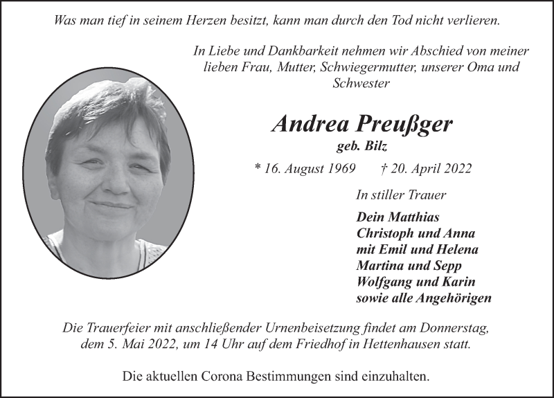  Traueranzeige für Andrea Preußger vom 02.05.2022 aus FZ