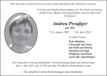 Traueranzeige von Andrea Preußger von FZ
