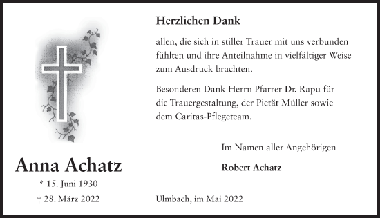 Traueranzeige von Anna Achatz von FZ