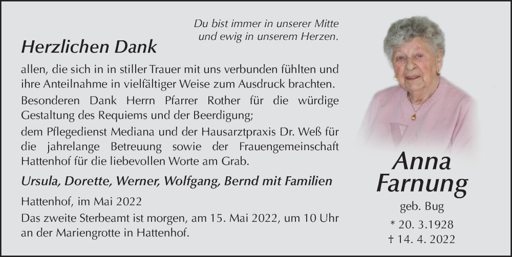  Traueranzeige für Anna Farnung vom 14.05.2022 aus FZ