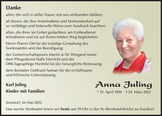 Traueranzeige von Anna Juling von FZ