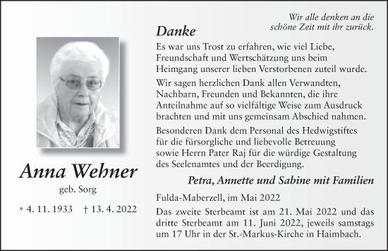 Traueranzeige von Anna Wehner von FZ