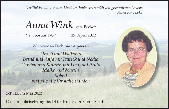 Traueranzeige von Anna Wink von FZ