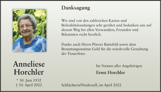 Traueranzeige von Anneliese Horchler von FZ