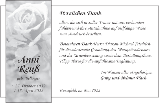 Traueranzeige von Anni Reuß von FZ