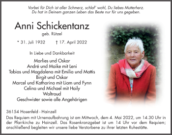 Traueranzeige von Anni Schickentanz von FZ