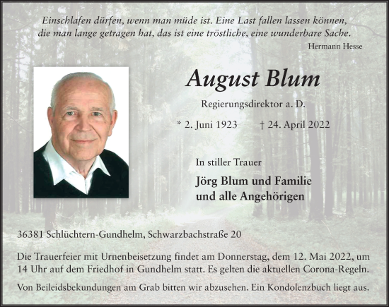 Traueranzeige von August Blum von FZ