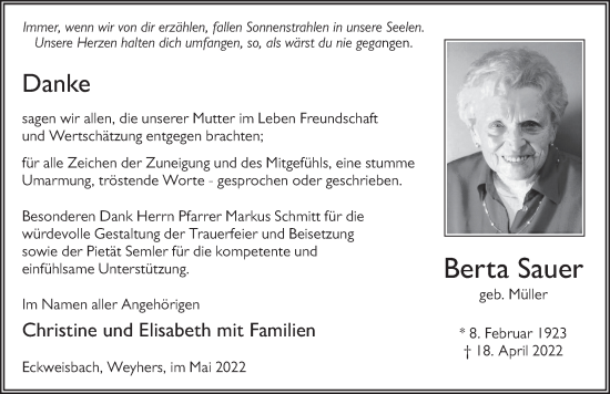 Traueranzeige von Berta Sauer von FZ