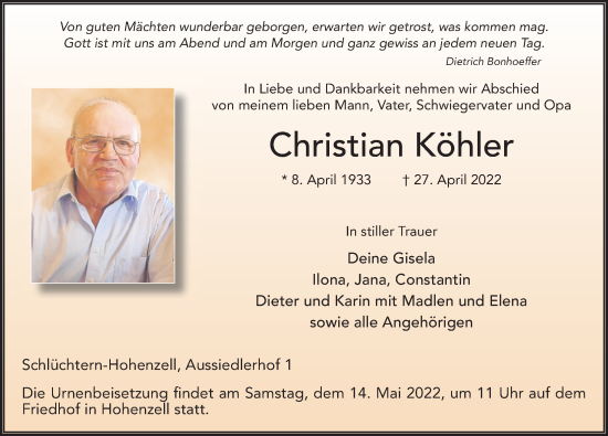 Traueranzeige von Christian Köhler von FZ
