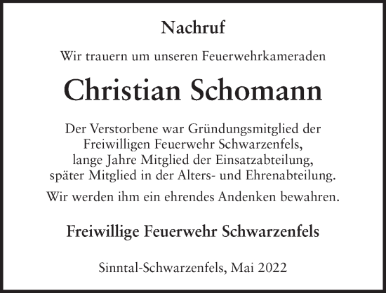 Traueranzeige von Christian Schomann von FZ