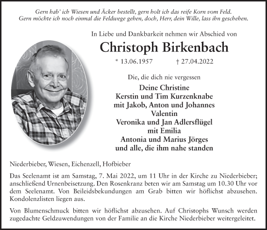 Traueranzeige von Christoph Birkenbach von FZ