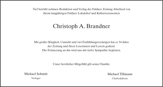 Traueranzeige von Christoph A. Brandner von FZ