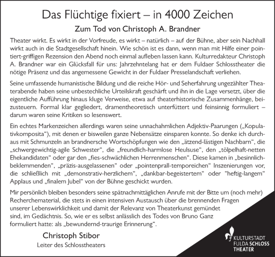 Traueranzeige von Christoph A. Brandner von FZ