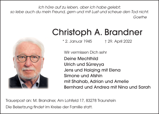 Traueranzeige von Christoph A. Brandner von FZ