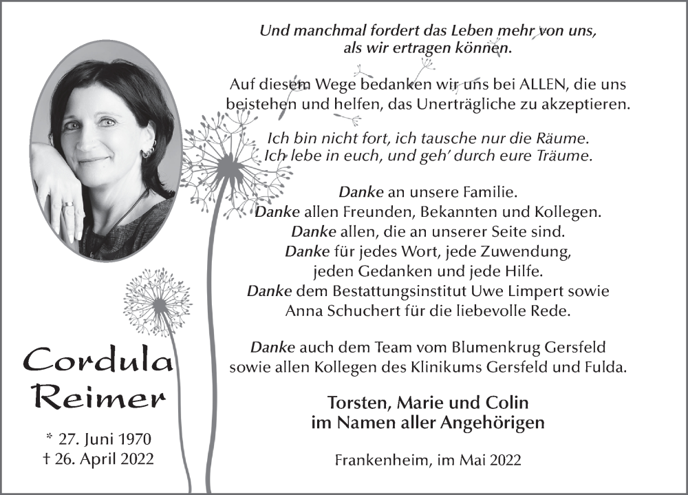  Traueranzeige für Cordula Reimer vom 28.05.2022 aus FZ
