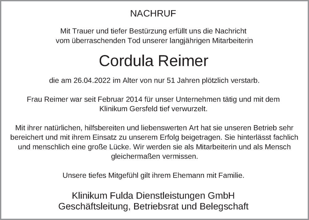  Traueranzeige für Cordula Reimer vom 04.05.2022 aus FZ