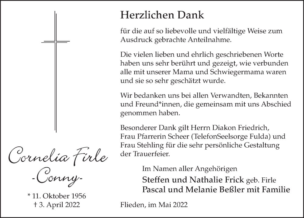  Traueranzeige für Cornelia Firle vom 18.05.2022 aus FZ