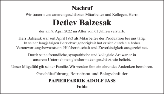 Traueranzeige von Detlev Balzesak von FZ