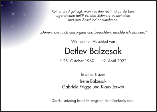Traueranzeige von Detlev Balzesak von FZ