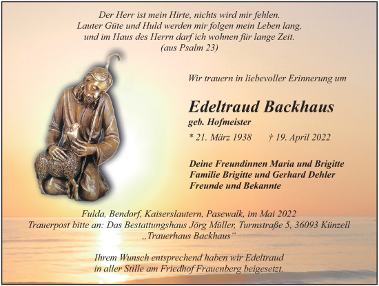Traueranzeige von Edeltraud Backhaus von FZ