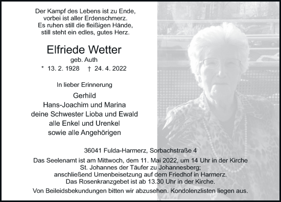 Traueranzeige von Elfriede Wetter von FZ