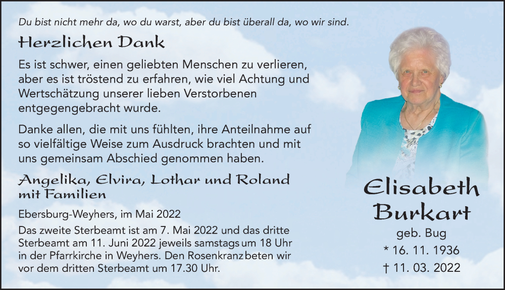  Traueranzeige für Elisabeth Burkart vom 05.05.2022 aus FZ