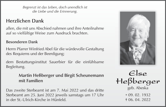 Traueranzeige von Else Heßberger von FZ