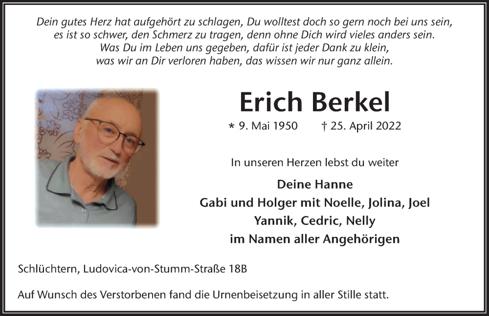  Traueranzeige für Erich Berkel vom 12.05.2022 aus FZ