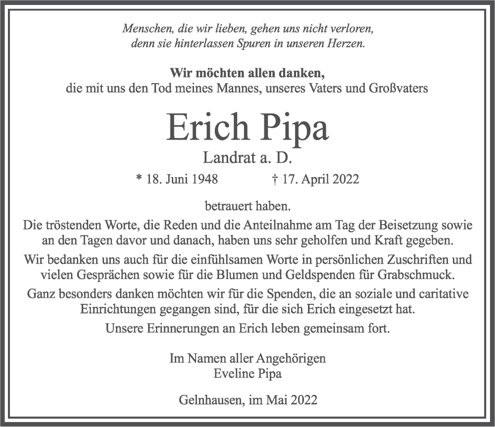  Traueranzeige für Erich Pipa vom 21.05.2022 aus FZ