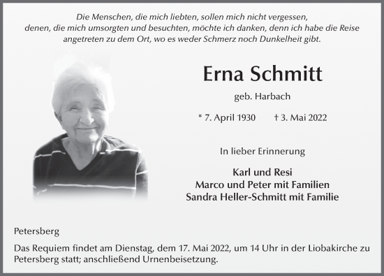 Traueranzeige von Erna Schmitt von FZ