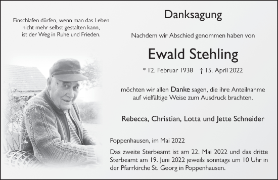 Traueranzeige von Ewald Stehling von FZ