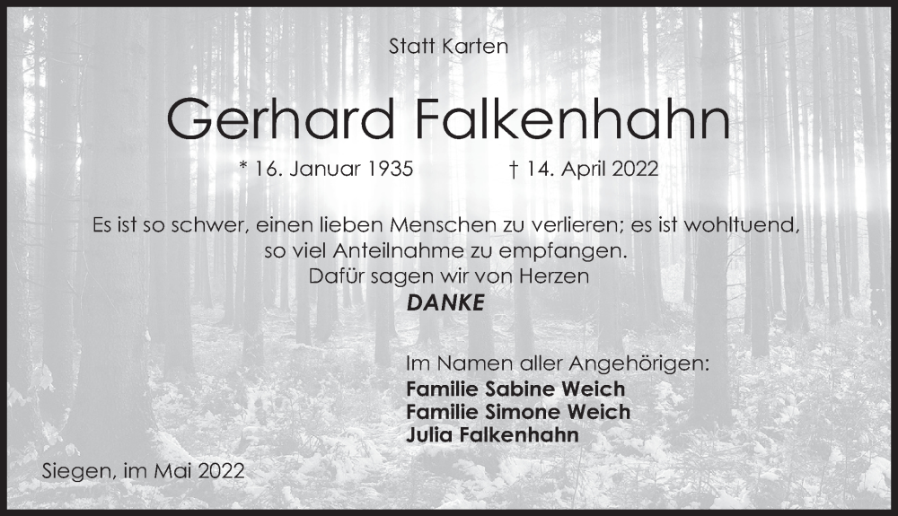  Traueranzeige für Gerhard Falkenhahn vom 21.05.2022 aus FZ