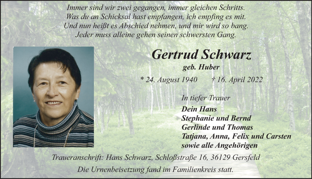  Traueranzeige für Gertrud Schwarz vom 16.05.2022 aus FZ