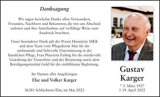 Traueranzeige von Gustav Karger von FZ