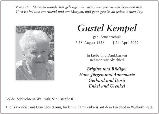 Traueranzeige von Gustel Kempel von FZ