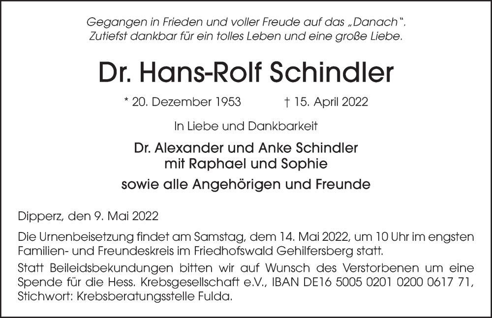  Traueranzeige für Hans-Rolf Schindler vom 09.05.2022 aus FZ