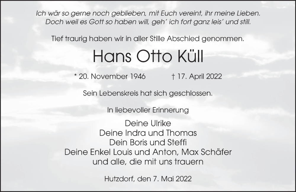  Traueranzeige für Hans Otto Küll vom 07.05.2022 aus FZ