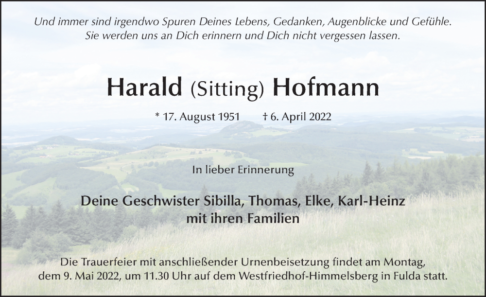 Traueranzeige für Harald Hofmann vom 04.05.2022 aus FZ