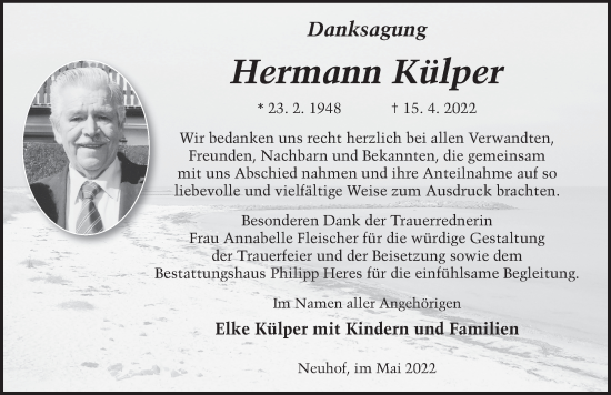 Traueranzeige von Hermann Külper von FZ