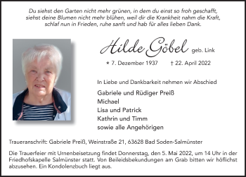 Traueranzeige von Hilde Göbel von FZ