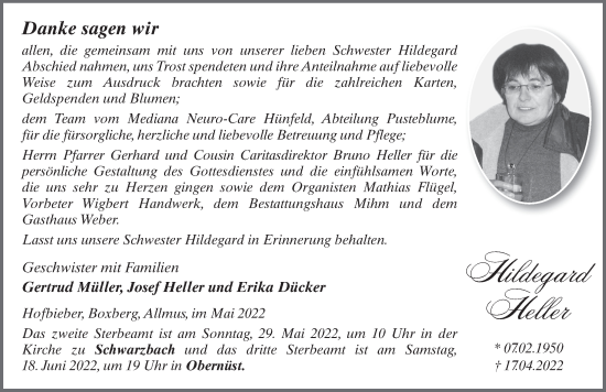 Traueranzeige von Hildegard Heller von FZ