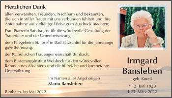Traueranzeige von Irmgard Bansleben von FZ